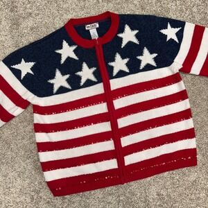 Vintage Tiara American Flag Full Zip‎ Cardigan Sweater Women Size Large Sequin